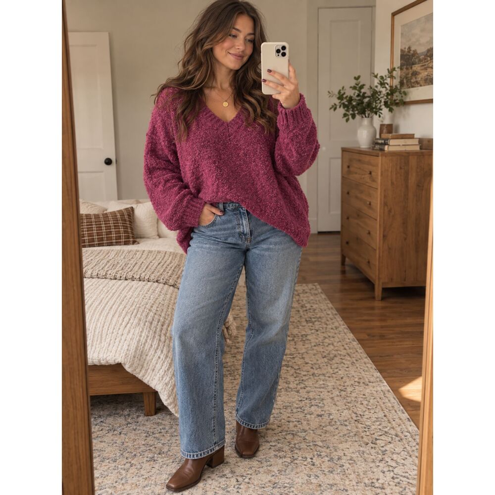 Sonoma Life + Style 2X Berry Plum Boucle V Neck Oversized Cozy Sweater